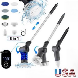 Electric Spin Scrubber for Cleaning with two 1500mAh Batteries 8 Brushes Black