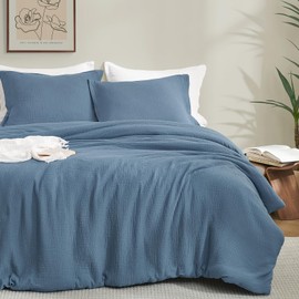 PHF 100% Cotton Muslin Comforter Set King Size – Ultra Soft, Breathable & Lightweight Bedding Set for All Seasons, 3 Pieces (1 Comfy Comforter 104"x90", 2 Pillow Shams 20"x36"), Captain's Blue