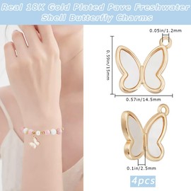 Beebeecraft 1 Box 4Pcs Butterfly Charm Freshwater Shell Pendants Real 18K Gold Plated Pave Ocean Beach Seashells Butterflies Charms for Jewelry Making DIY Crafts Earrings Bracelets Necklaces Supplies