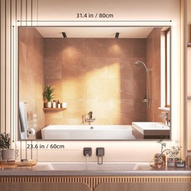 Hasipu 32''x 24'' Home Gym Mirror with Lights Dimmable Anti-Fog Bathroom Mirror Full Length Wall Mounted Full Body Mirror for Yoga Dance Fitness Exercise Studio Bedroom, Tempered Glass Workout Mirrors