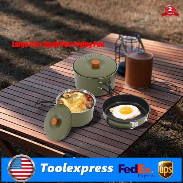 Unbranded Portable Camping Cooking Cookware Kit 2 Pot w/Lid, Frying