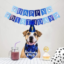 JOTFA Dog Birthday Party Supplies, Dog Birthday Outfit, Plaid Dog Birthday Boy Girl Bandana with Dog Birthday Number Hat Bowtie for Small Medium Large Dogs Pets (Blue, Set of 5)