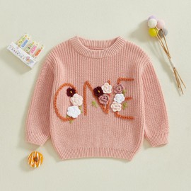 Toddler Baby Girl 1st Birthday Sweater Long Sleeve Knitted Sweatshirt Pullovers Floral Letter Embroidery Knit Jumpers Tops Chunky Knitwear Winter Warm Clothes Outfits (Dark Pink, 6-12 Months)