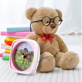 Children's Quartz Alarm Clock - Colourful Motifs - Silent Seconds Enables Smallest to Sleep Undisturbed - Incl. Snooze repeat alarm - dimensions: 95 x 95 x 45 mm., Horse