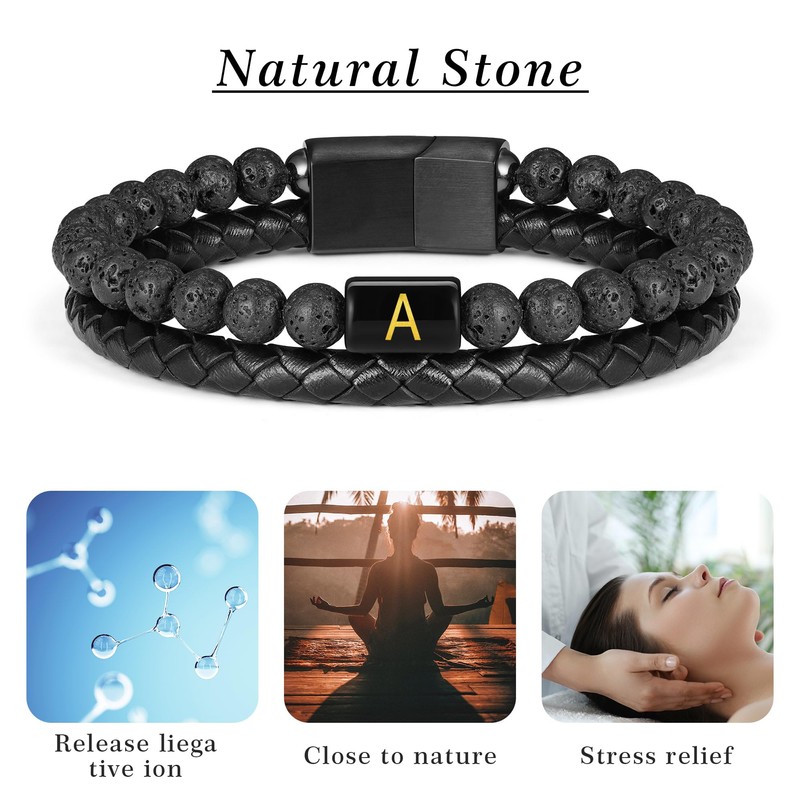 Initial Beaded Bracelets for Men, Mens Beaded Bracelets Lava Rock
