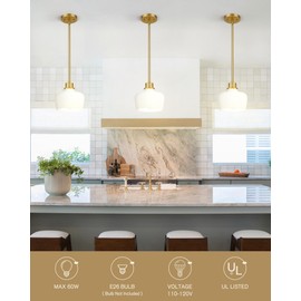 Emak Modern Pendant Lights Kitchen Island, 8 Inch Gold Pendant Light with Milk Glass Shade, Hanging Light Fixture for Kitchen Island, Dining Room, Bathroom, Bedroom, PL122-GD-ML