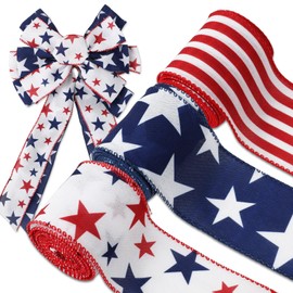 AnyDesign Patriotic Wired Edge Ribbon 2.5 in x 18 Yard 250th Anniversary Craft Ribbons Red Blue Star Stripe Fabric Ribbon for 4th of July Independence Day Wreath Bow DIY Wrapping Party Decor, 3 Rolls
