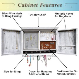 GLANT Rustic Wall Mounted Jewelry Organizer with Wooden Barndoor Decor,Wooden Wall Mount Holder,Jewelry holder for Necklaces, Earings, Bracelets, Ring Holder. Includes matching hook organizer