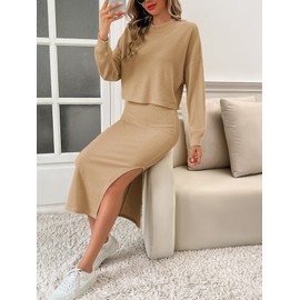 Kate Kasin Women's Knitted Dress Sweater Two Piece Long Sleeve Sweater Top Skirt Midi Skirt Bodycon 2 Piece Set Midi Dress Turtleneck Sweater Dress Ginger Yellow M