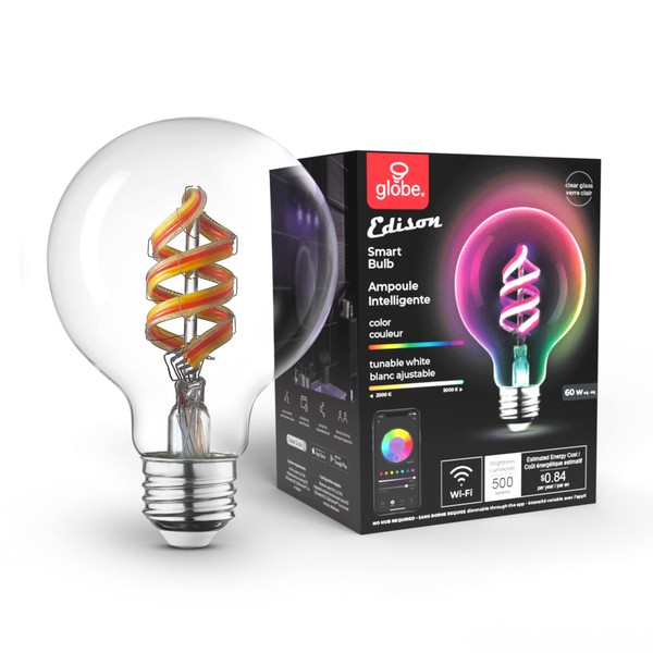 Globe Electric 35851 Wi-Fi Smart 7 W (60 W Equivalent) Spiral Filament Multicolor Changing RGB Tunable White Clear LED Light Bulb, No Hub Required, Voice Activated, 2000K - 5000K, Vintage Edison