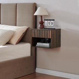 BuildHom Floating Nightstand with Fluted Drawer - Modern Wall Mounted Bedside Table with Open Storage Shelf, Small Night Stand for Bedroom(Walnut)