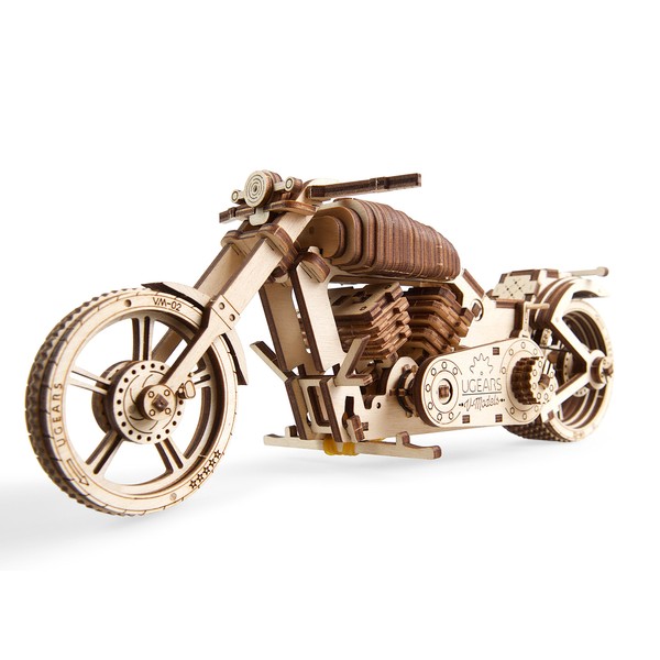 UGears Bike DIY Kit – Wooden Mechanical Motorcycle Project – Bike VM-02 Rubber Band Engine – for Vehicle Passionate and Bikers – Plywood Model with Wide Back Wheel – Refined Gift Idea