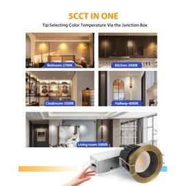 Adetu 2 Inch 5CCT Anti-Glare LED Recessed Ceiling Light with Junction Box, 2700K/3000K/4000K/50000K Selectable, CRI90+, 8W, 840LM, Dimmable Canless Water Downlight-ETL&FCC (Bronze, 6 Pack)