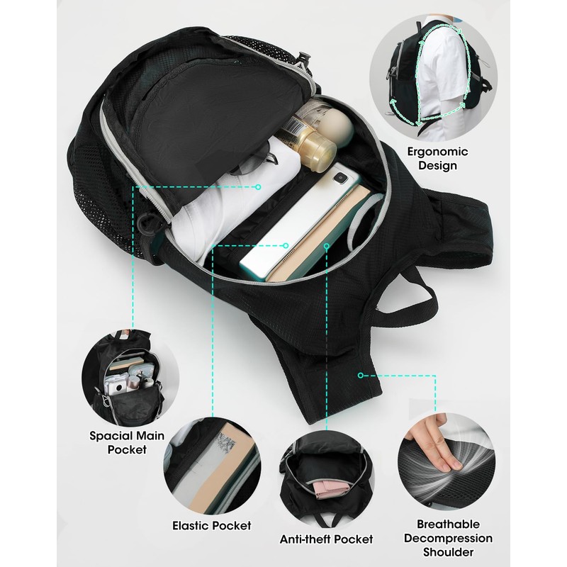 VPBAGE Hiking Daypack, Black, Small, Daypack Backpacks