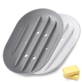 2 Pack Soap Dish, Bathroom Soap Dishes Soap Holder with Drain Holes, Soap Tray for Shower, Bathroom, Kitchen(Color:White+Gray)