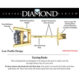 Central Diamond Center 14K Solid Gold Post & Sterling Silver 4 Prong CZ Stud Earrings - Yellow Gold Plated - 5.50mm - 1.50cttw