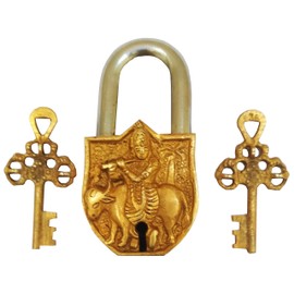 Purpledip Handmade Brass Antique Padlock with Sri Krishna (10013)