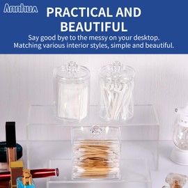 Annhua 3 Packs Cotton Pad Holder, Makeup Organizer with Lid, 10 Oz Bathroom Jars Bathroom Jars, Cotton Balls Dispenser for Vanity, Cotton Pads, Swabs, Dental Picks, Hair Bands, Hair Clips