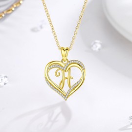 INFUSEU Necklace with Letters, Heart Pendant Necklace, Letter A-Z Alphabet Jewellery, Double Heart Initial Chains, Cubic Zirconia CZ for Women, Romantic Gifts for Girlfriend, 20 Inch Chain, Rose Gold