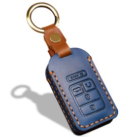 OLLEN Screws-Free Genuine Leather Key Fob Cover, Fit for Honda Accord Civic CRV Pilot Odyssey Passport 2015-2021,etc, Leather Smart Remote Key Protector, 5 Buttons, Blue