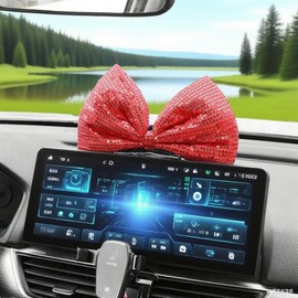 Blueshyhall Bow-Knot Car Steering Wheel Creative Bling Decoration, Cute Dashboard Center Console Screen Ornament with Adhesive Sticker, Red