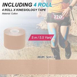 PATIKIL 5.5 Yard x 2 Inch Kinesiology Tape, 4 Roll Adhesive Cotton Sports Muscle Support Tapes Waterproof Elastic Tape for Knee Ankle Wrist Shoulder, Light Skin Color