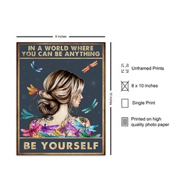 In a World Where You Can Be Anything Be Yourself Sign - Positive Sayings - Inspirational Quotes - Encouragement Gifts for Women, Teen Girls Room - Boho Bohemian Dragonfly Bedroom Wall Art Decor