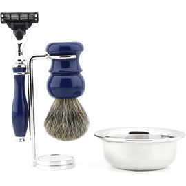3 Blade Razor & Real Super Badger Hair Brush Shaving Bowl & Blue Shaving Stand