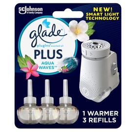 Glade PlugIn Plus Air Freshener Starter Kit, Scented Oil for Home and Bathroom, Aqua Waves, 2.01 Fl Oz, 1 Warmer + 3 Refills