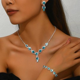Gkaopi Bridal Jewellery Set for Women Rhinestone Necklace Drop Earrings and Crystal Bracelet Set Silver/Red/Blue Wedding Jewelry Set Engagement Bridesmaid Prom Jewellery Sets(Blue)