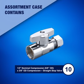 New Age America® 10pcs Straight Stop Valve AquaFlow 360™ | 1/2" Nom (5/8" OD) Compression x 3/8" OD Compression | Stop Valve | 1/4" Turn | Straight Faucet Water Shut Off | Lead-Free | Chrome Plated
