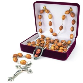 Divine Mercy of Jesus (Facial Portrait), Wooden Catholic Rosary Necklace from Israel, Olive Wood Rosary Beads with Medal & Crucifix Cross Pendant, Confirmation & Communion Rosaries for Men & Women