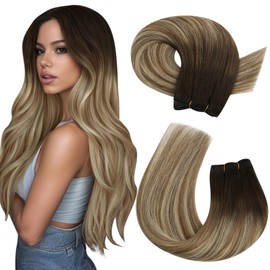 Moresoo Weft Hair Extensions Real Human Hair Ombre Dark Brown to Medium Brown with Blonde Hair Extensions Weft Human Hair Balayage Double Weft Sew in Weft Hair Extensions 18inch 100g #4/6/613