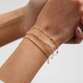 Feskive Dainty Gold Bracelets for Women,14k Gold Plated Layered Bracelets Paperclip Bracelets Delicate Pearl Bracelets Beads Mesh box Satellite Lightweight Chain Bracelet for Girls Minimalist Jewelry Gift