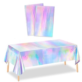 OQOQ Iridescent Table Cloths (2 Packs，Silver) - Rectangular Plastic Table Cover Disposable Tablecloth Rainbow Birthday Decorations Waterproof Foil Tablecloth Bachelorette Party Disco Party 54x108