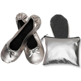 Nexoria Women's Foldable Ballet Flats, Portable Roll Up Shoes with Zipper Pouch, Comfortable & Non-Slip, Perfect for Weddings, Office (Silver,L)