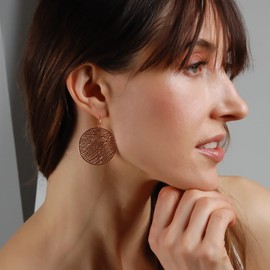 Rose Gold Earrings For Women - Rose Gold Tone Dangly Earrings for Women, Bohemian Boho Hanging Large Lightweight Round Dangles, Geometric Circle Pink Jewelry