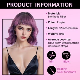 Beauty7 Wig Flat Fringe Natural Curly for Women Natural Synthetic Hair Heat Resistant Daily Party Cosplay Wear 12 Inch Purple Ombre Wig