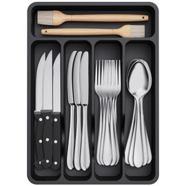 Lifewit Lifewit Silverware Drawer Organizer Tray, Plastic Cutlery Storage for Kitchen Drawer, Flatware and Utensil Holder Divider for Spoons Forks Knives Tableware, 5 Compartment, Black