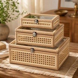 Yalikop 3 Pcs Large Rattan Display Box with Glass Lid Set, Handwoven Boho Rectangular Storage Box, Memory Wicker Jewelry Boxes, Natural Decorative Bin, Multipurpose Shelf Baskets for Home Organization