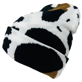 New! Super Soft Unisex Animal Print Winter Knit Beanie (Brown & Black Cow Print)