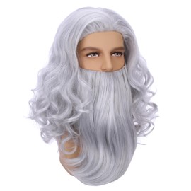 Edivd Child Silver Wig with Beard Kids Long Silver Wavy Curly Wig for Cosplay Heat Resistant Synthetic Wigs with Wigs Cap