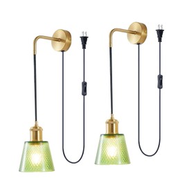 COMPIXIU Wall Sconce Set of 2 with Green Lattice Glass Shade, 6FT Plug in Cord Wall Light with Switch, Non-Hardwired Adjustable Hanging Wall Sconces Decor Bedside Indoor Doorway Hallway Livingroom