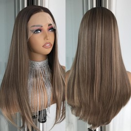 mytonecoo Highlight Brown Lace Front Wig 13x4 Pre Plucked Synthetic Lace Front Wig Straight Glueless Wig for Women Heat Resistant Fiber Wig for Daily Use 18 Inch