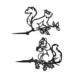 Set of 2 Black Metal Squirrel Tree Stakes for Outdoor Garden and Yard Decorations - Whimsical 11-Inch Long Silhouette Plaques for Fence or Tree Accents
