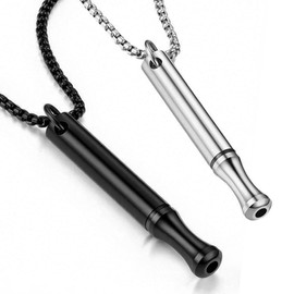 2 Pack Breathing Necklace for Anxiety Relief, Stainless Steel Whistle Pendant for Deep Breathing Exercise, Anti Stress Inhaler Necklace Gift for Women & Men – Silver & Black