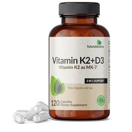 Futurebiotics Vitamin K2 (MK7) with D3 Supplement - Non-GMO Formula - 5000 IU Vitamin D3 & 90 mcg Vitamin K2 MK-7, 120 Vegetarian Capsules