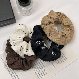 4 Pcs Women's Smile Faces Scrunchies for Thin Wrinkle Hair Accessories, Bubble Cute Satin Hair Ties Ropes Elastic Hair Bands Ponytail Holders for Spring Autumn (Smile Faces)