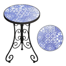 FROMJBEST Mosaic Outdoor Side Table, Patio Side Table, Weather Resistant 14" Diameter 21" H Ceramic Tile Round Outside Table for Patio, Porch, Garden, Pool, Indoor&Outdoor,Plant Stand