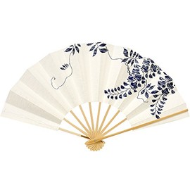 Aidata Mai Fan, 9.0 inches (5 minutes), White Bamboo, Navy Blue, Weeping Wisteria 105, purple